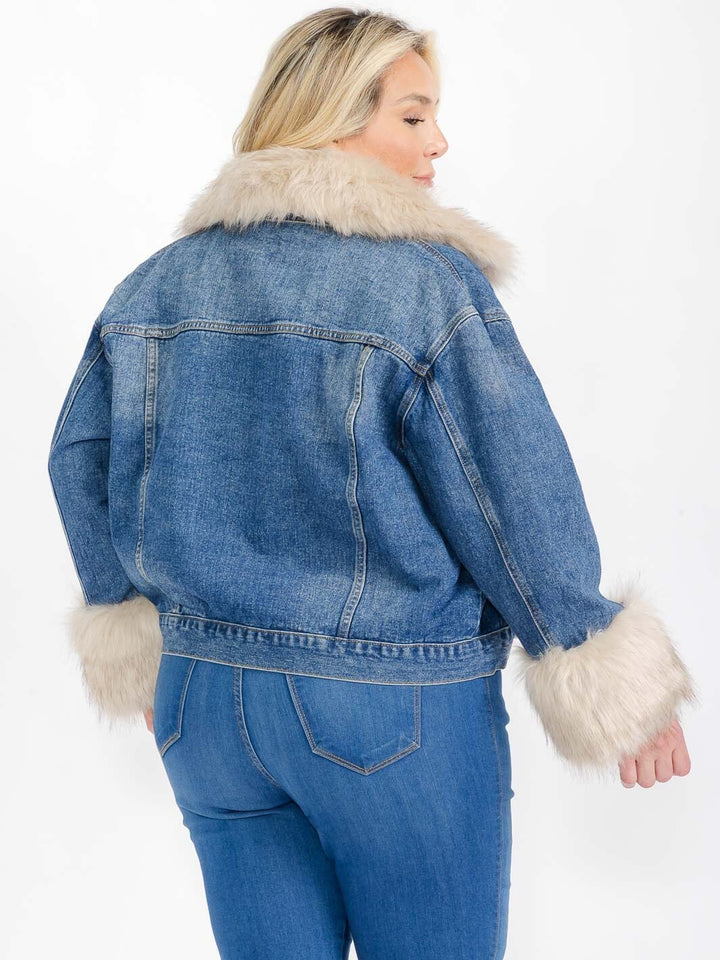 PLUS SIZE LONG SLEEVE BUTTON CLOSURE REMOVABLE FAUX FUR LINING DENIM JACKET
