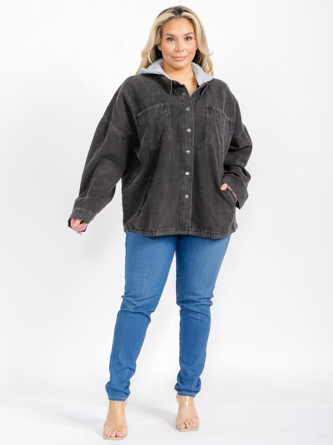 PLUS SIZE LONG SLEEVE BUTTON CLOSURE POCKETS REMOVABLE HOODIE DENIM JACKET