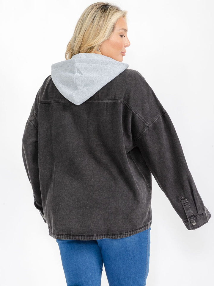 PLUS SIZE LONG SLEEVE BUTTON CLOSURE POCKETS REMOVABLE HOODIE DENIM JACKET