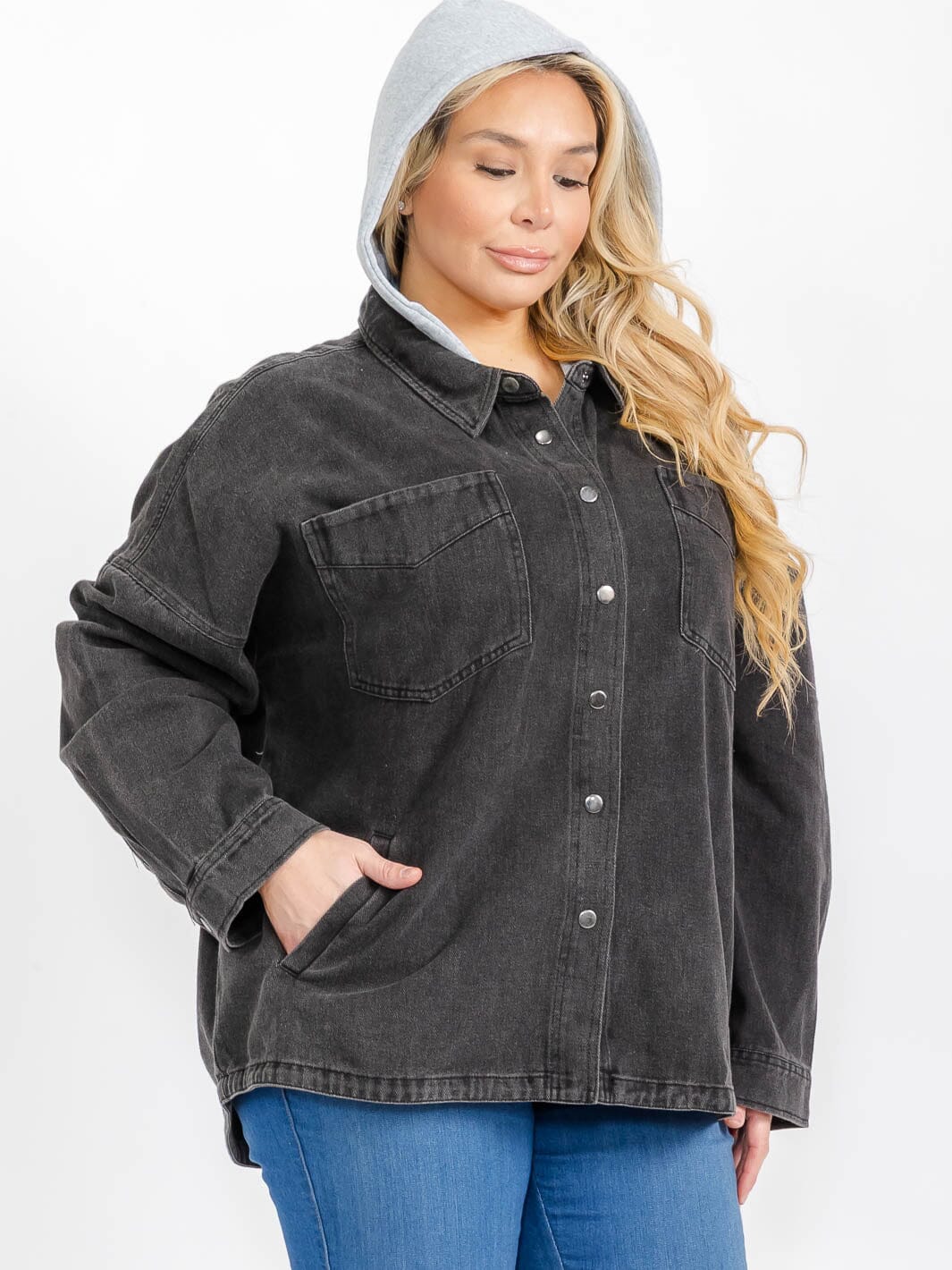 PLUS SIZE LONG SLEEVE BUTTON CLOSURE POCKETS REMOVABLE HOODIE DENIM JACKET