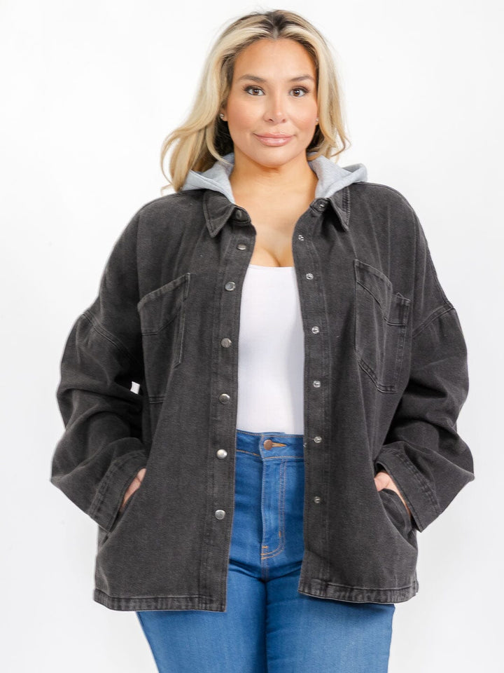 PLUS SIZE LONG SLEEVE BUTTON CLOSURE POCKETS REMOVABLE HOODIE DENIM JACKET