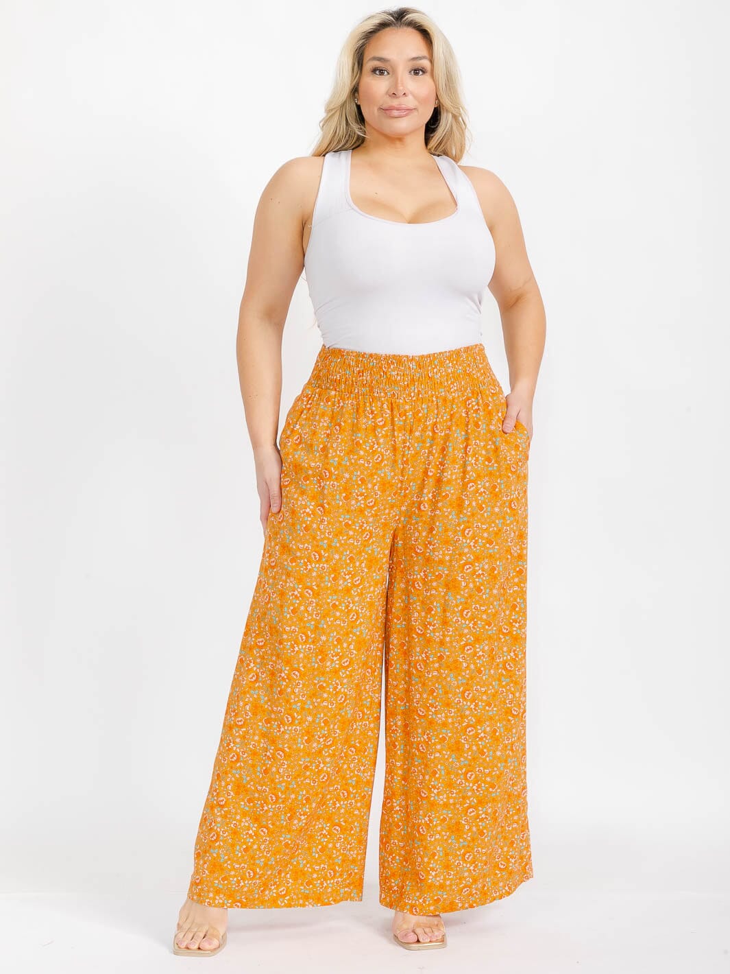 PLUS SIZE ELASTIC WAIST FLORAL PRINT WIDE LEG BOHO PANTS