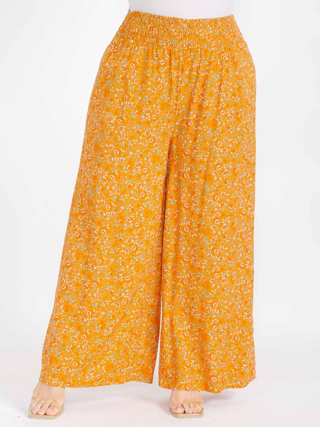 PLUS SIZE ELASTIC WAIST FLORAL PRINT WIDE LEG BOHO PANTS