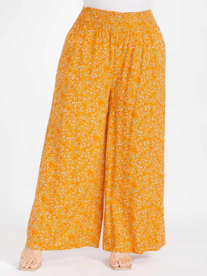 PLUS SIZE ELASTIC WAIST FLORAL PRINT WIDE LEG BOHO PANTS