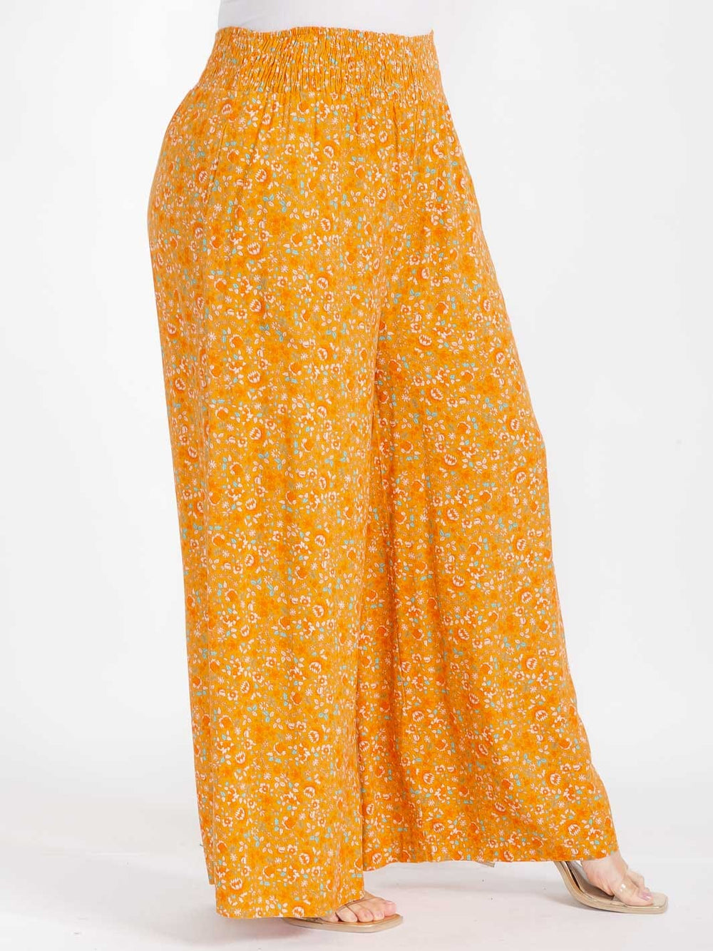 PLUS SIZE ELASTIC WAIST FLORAL PRINT WIDE LEG BOHO PANTS