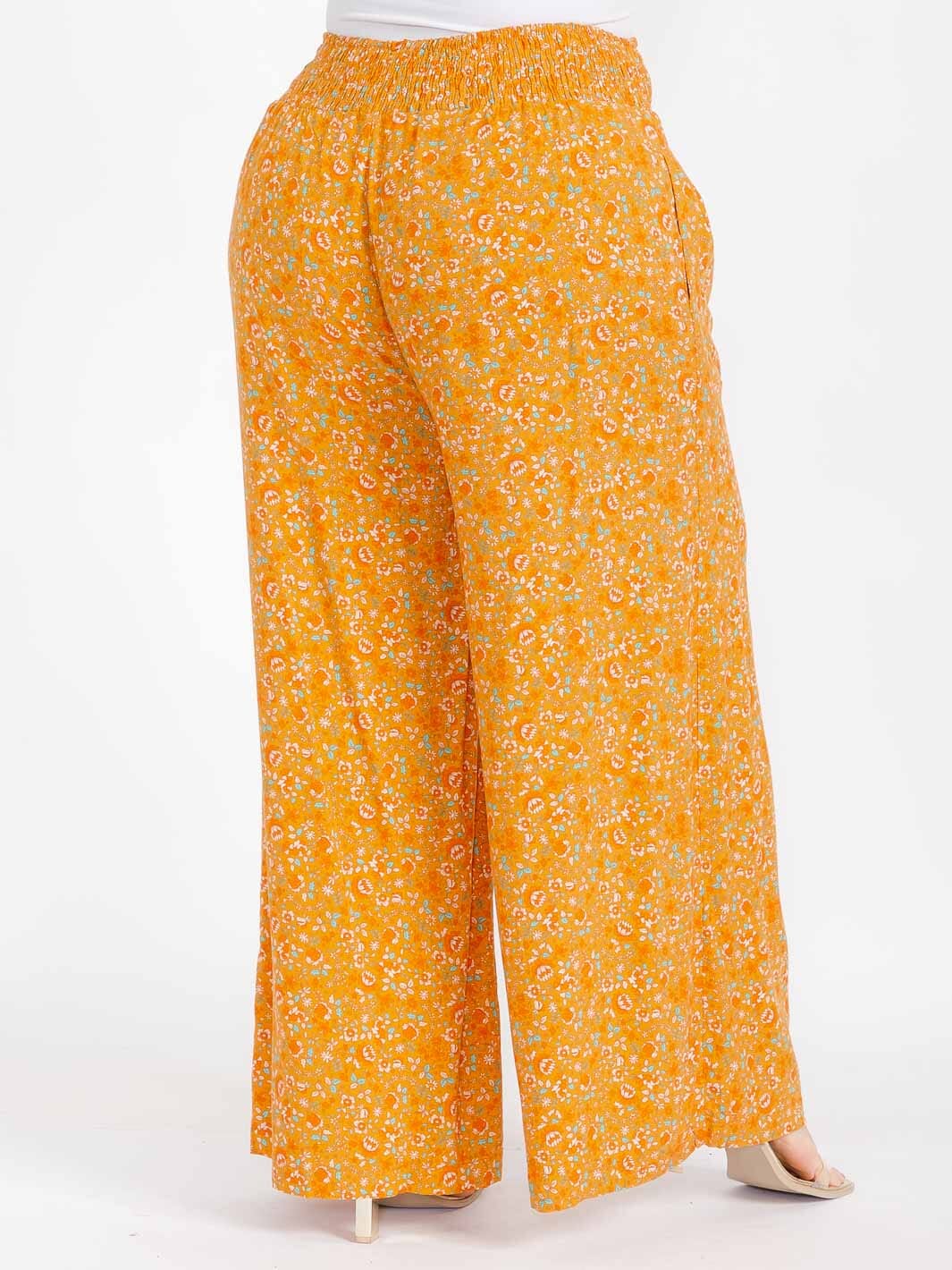 PLUS SIZE ELASTIC WAIST FLORAL PRINT WIDE LEG BOHO PANTS