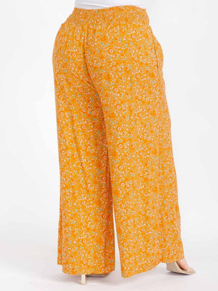 PLUS SIZE ELASTIC WAIST FLORAL PRINT WIDE LEG BOHO PANTS
