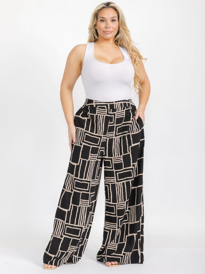 PLUS SIZE ELASTIC WAIST COLORBLOCK PRINT WIDE LEG BOHO PANTS