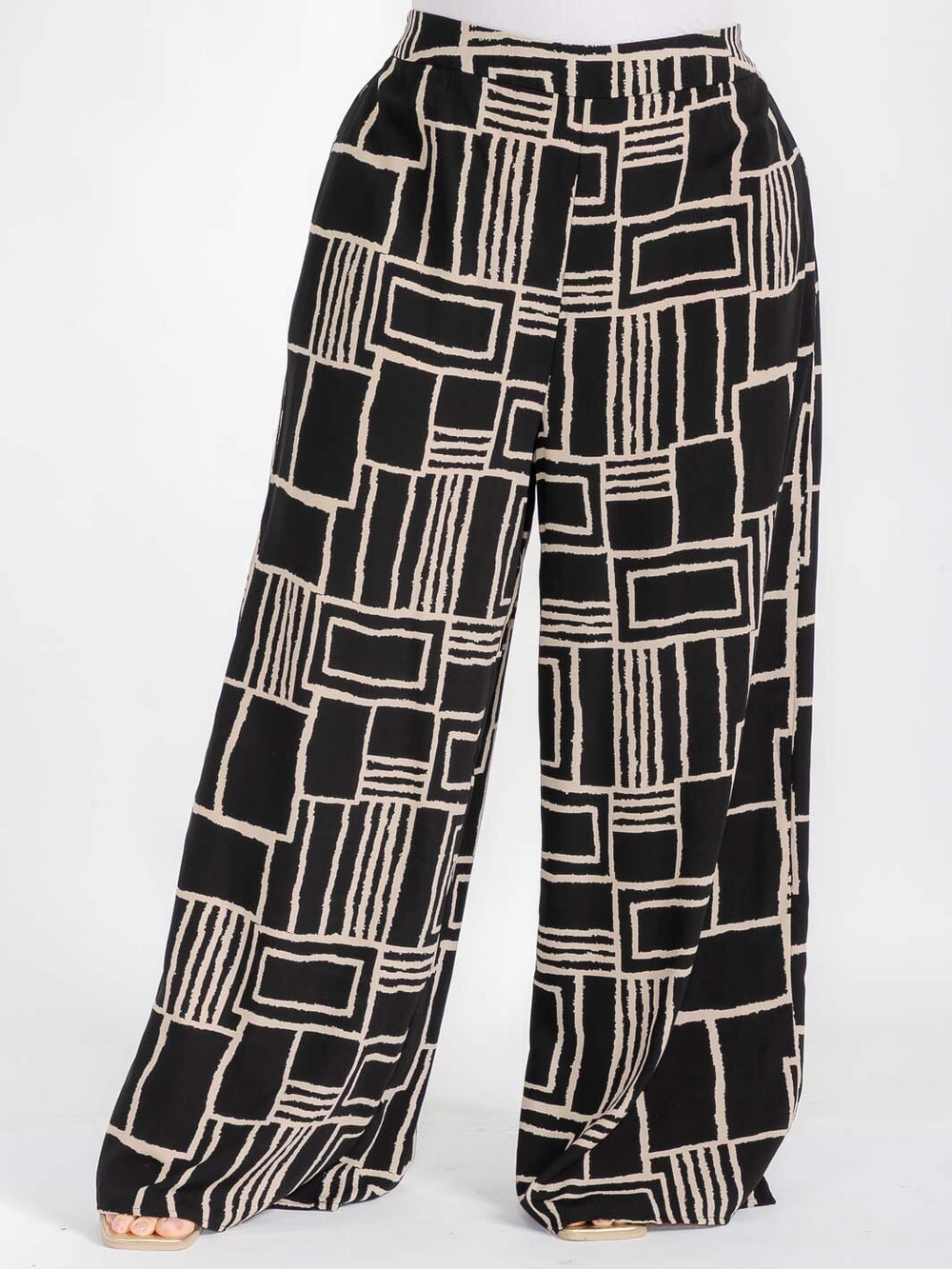 PLUS SIZE ELASTIC WAIST COLORBLOCK PRINT WIDE LEG BOHO PANTS