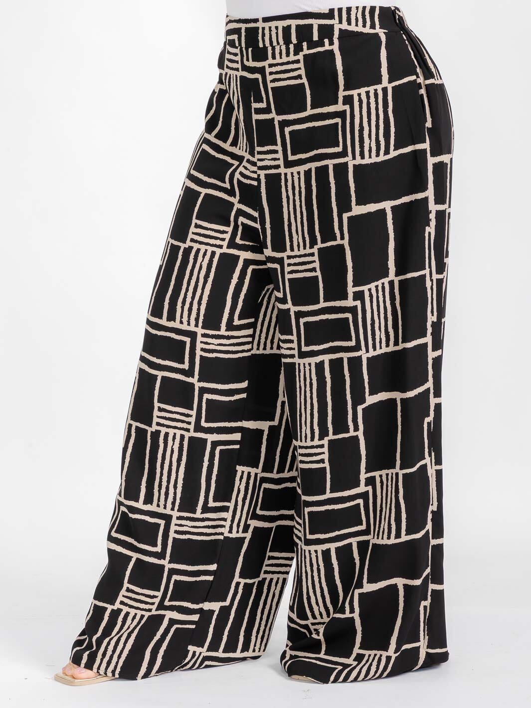 PLUS SIZE ELASTIC WAIST COLORBLOCK PRINT WIDE LEG BOHO PANTS
