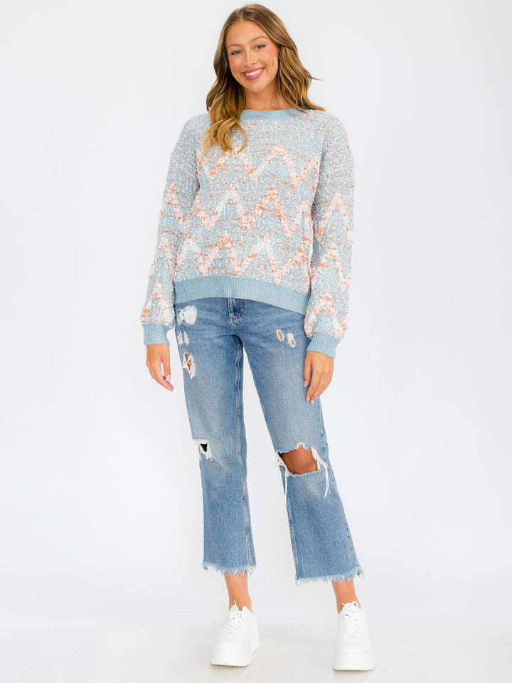 WOMEN'S LONG SLEEVE MULTI COLORS PRINTED PULLOVER SWEATER