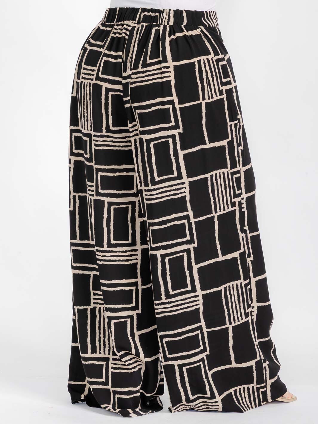 PLUS SIZE ELASTIC WAIST COLORBLOCK PRINT WIDE LEG BOHO PANTS