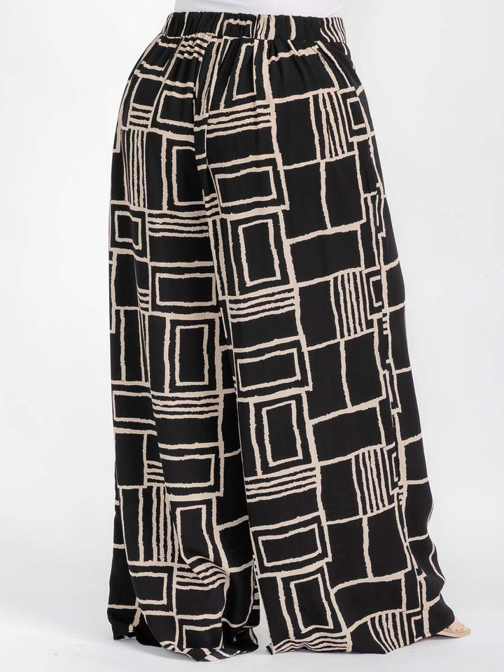 PLUS SIZE ELASTIC WAIST COLORBLOCK PRINT WIDE LEG BOHO PANTS