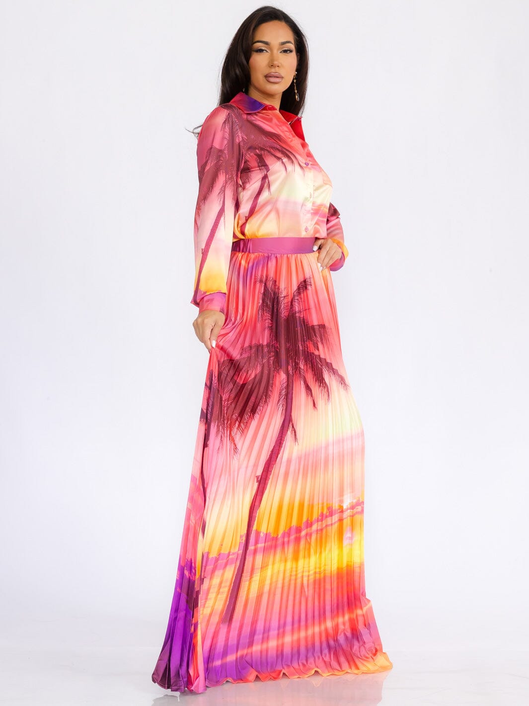 WOMEN'S LONG SLEEVE TOP & MAXI SKIRT COLORBLOCK PRINTED 2PC. SET