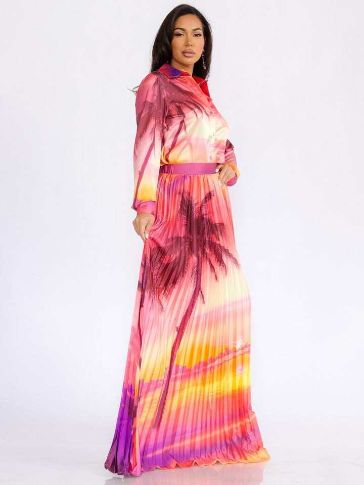 WOMEN'S LONG SLEEVE TOP & MAXI SKIRT COLORBLOCK PRINTED 2PC. SET