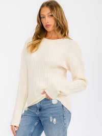 WOMEN'S LONG SLEEVE CABLE KNIT DETAILED PULLOVER SWEATER