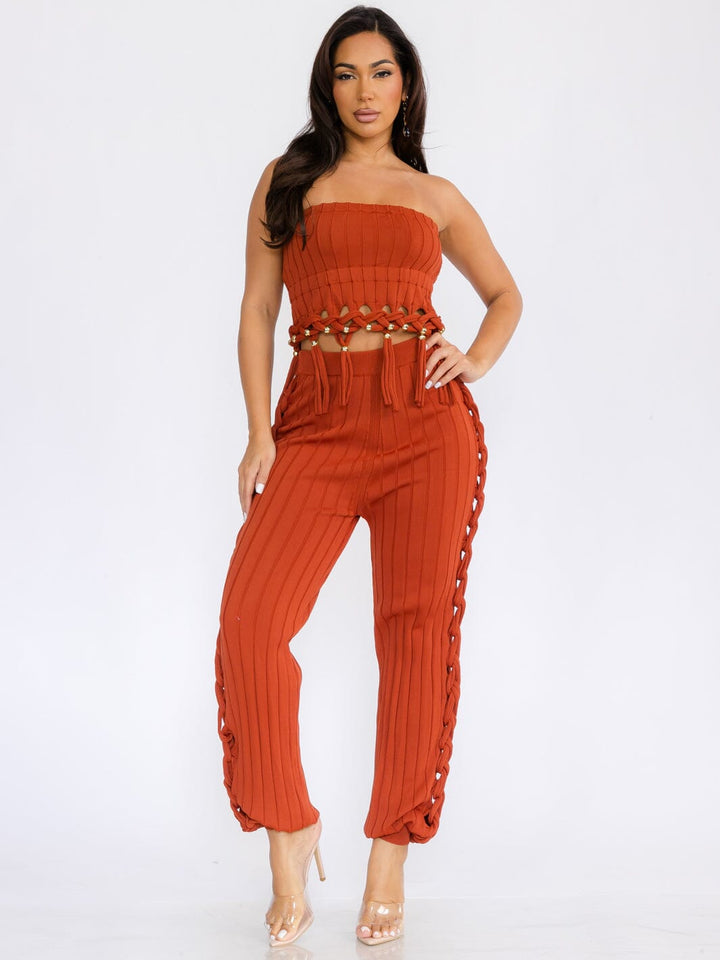 WOMEN'S CROP TOP & PANTS RIBBED FRINGE DETAILED KNIT 2PC. SET