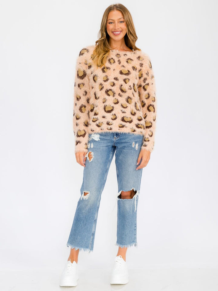 WOMEN'S LONG SLEEVE COLORBLOCK FUZZY ANIMAL PRINT PULLOVER SWEATER