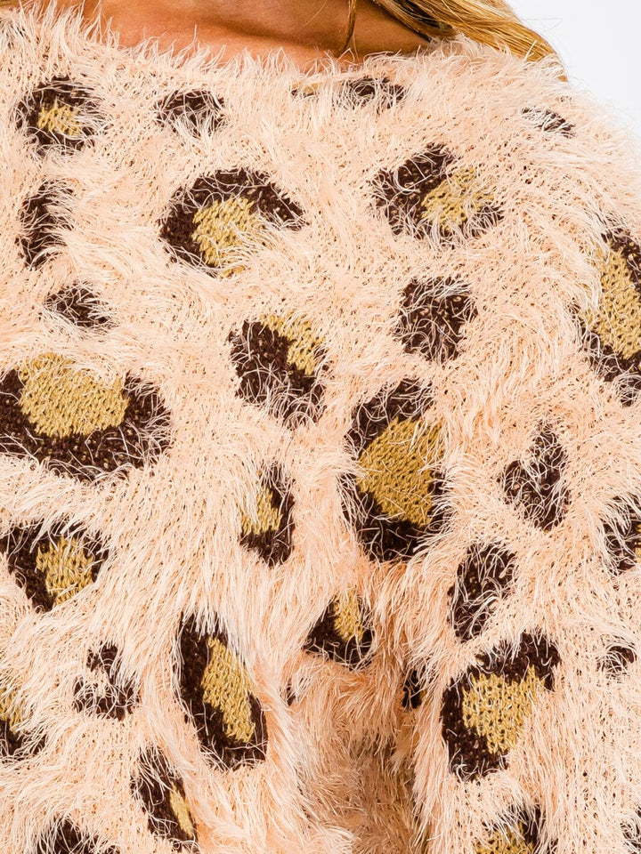 WOMEN'S LONG SLEEVE COLORBLOCK FUZZY ANIMAL PRINT PULLOVER SWEATER