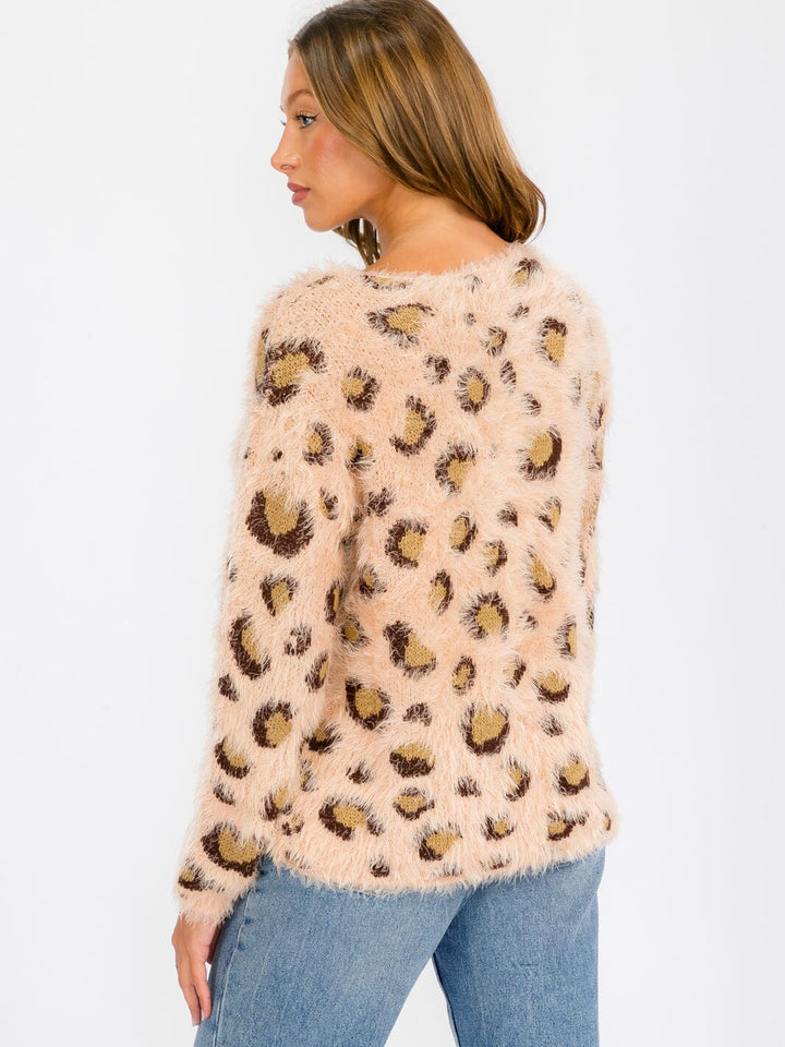 WOMEN'S LONG SLEEVE COLORBLOCK FUZZY ANIMAL PRINT PULLOVER SWEATER