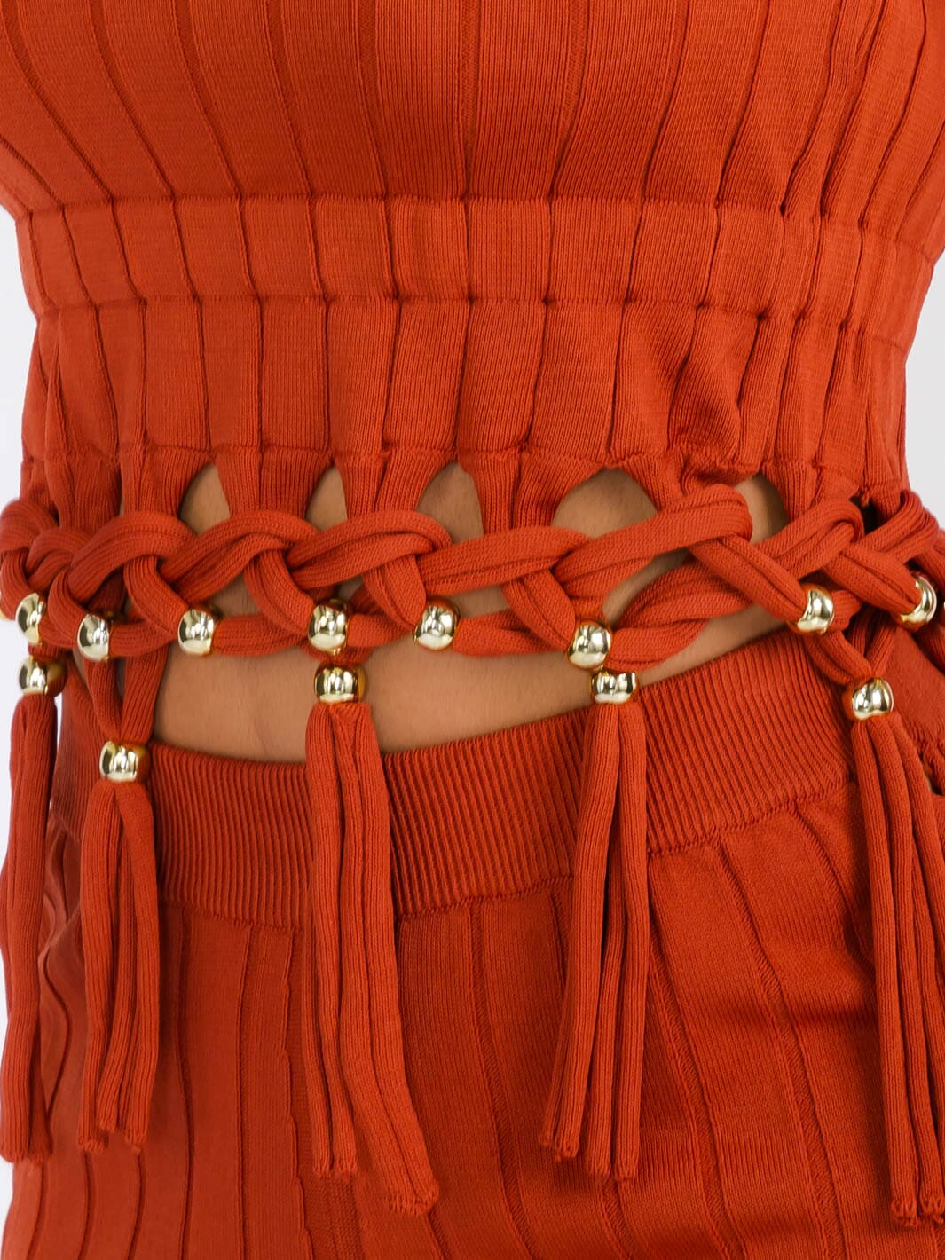 WOMEN'S CROP TOP & PANTS RIBBED FRINGE DETAILED KNIT 2PC. SET