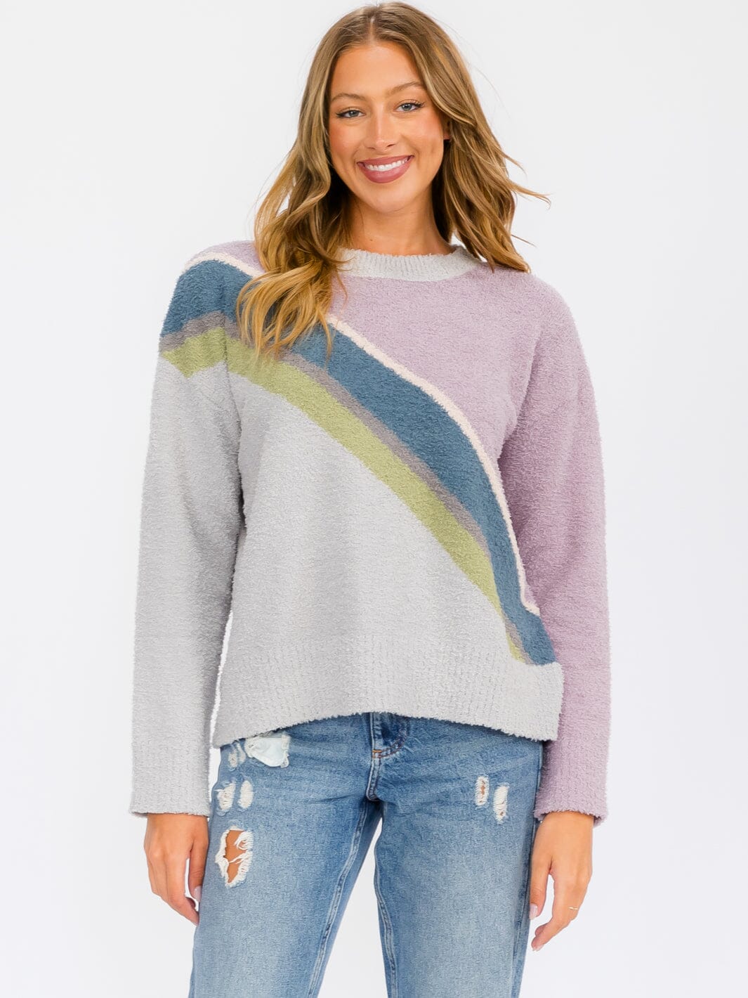 WOMEN'S LONG SLEEVE COLORBLOCK STRIPES PULLOVER SWEATER