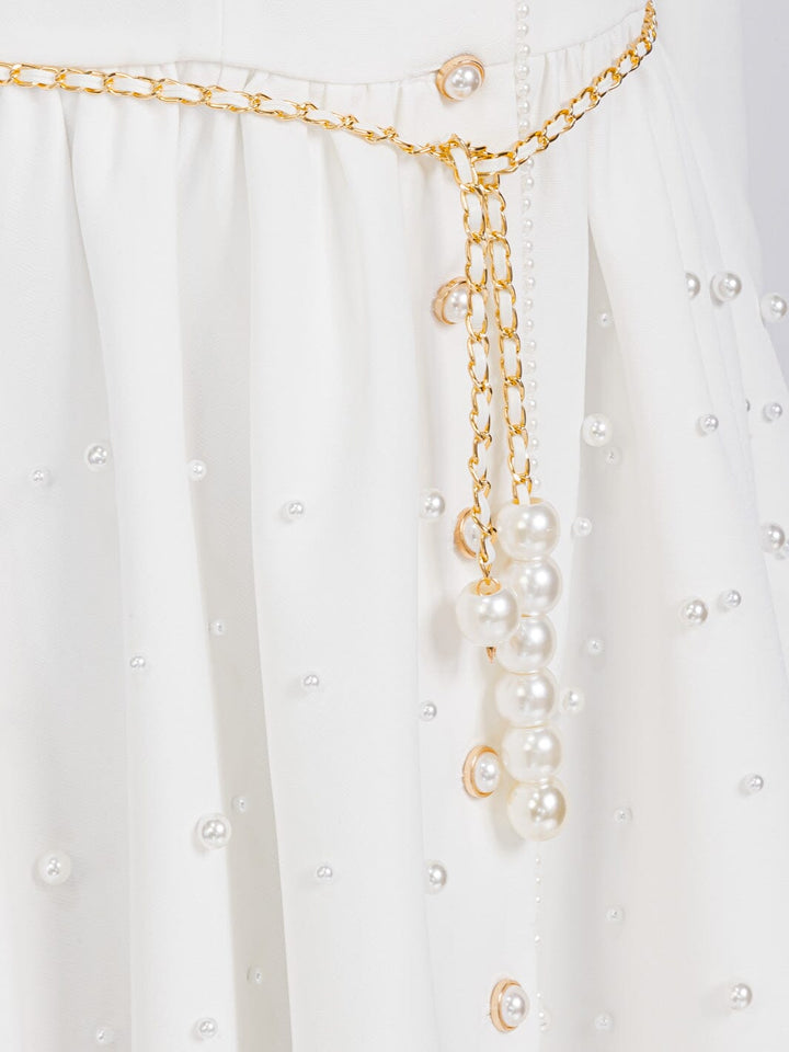 WOMEN'S LONG SLEEVE BUTTON CLOSURE PEARL BELTED MINI DRESS