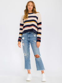 WOMEN'S LONG SLEEVE COLORBLOCK STRIPES PULLOVER SWEATER