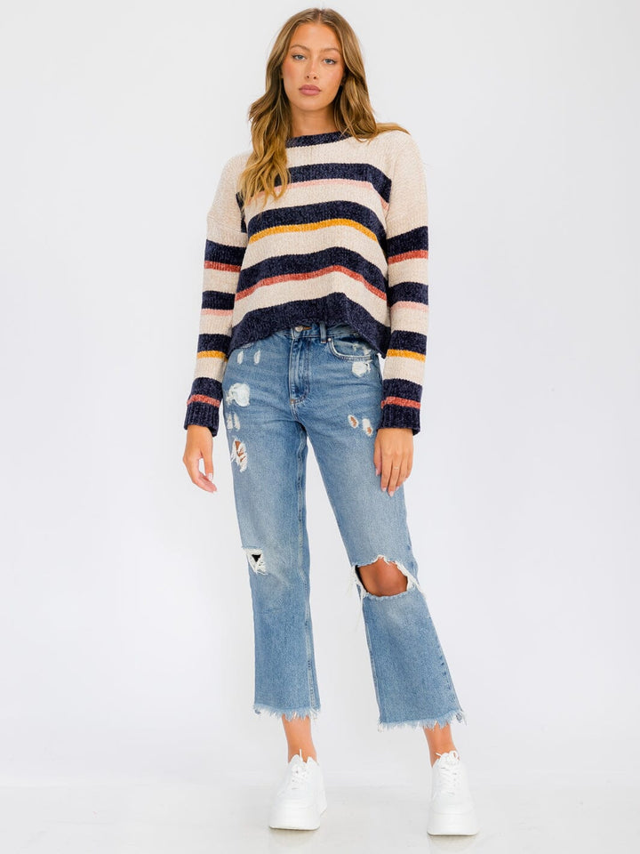 WOMEN'S LONG SLEEVE COLORBLOCK STRIPES PULLOVER SWEATER
