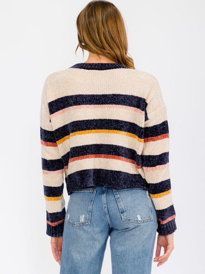 WOMEN'S LONG SLEEVE COLORBLOCK STRIPES PULLOVER SWEATER