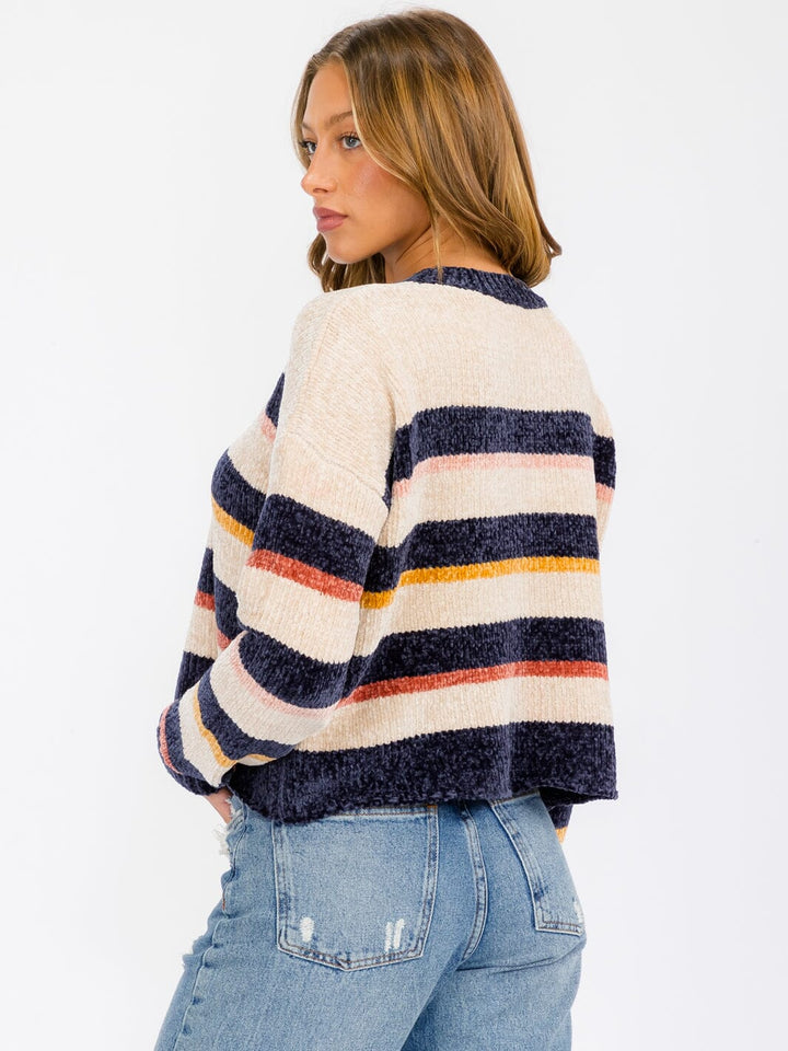WOMEN'S LONG SLEEVE COLORBLOCK STRIPES PULLOVER SWEATER