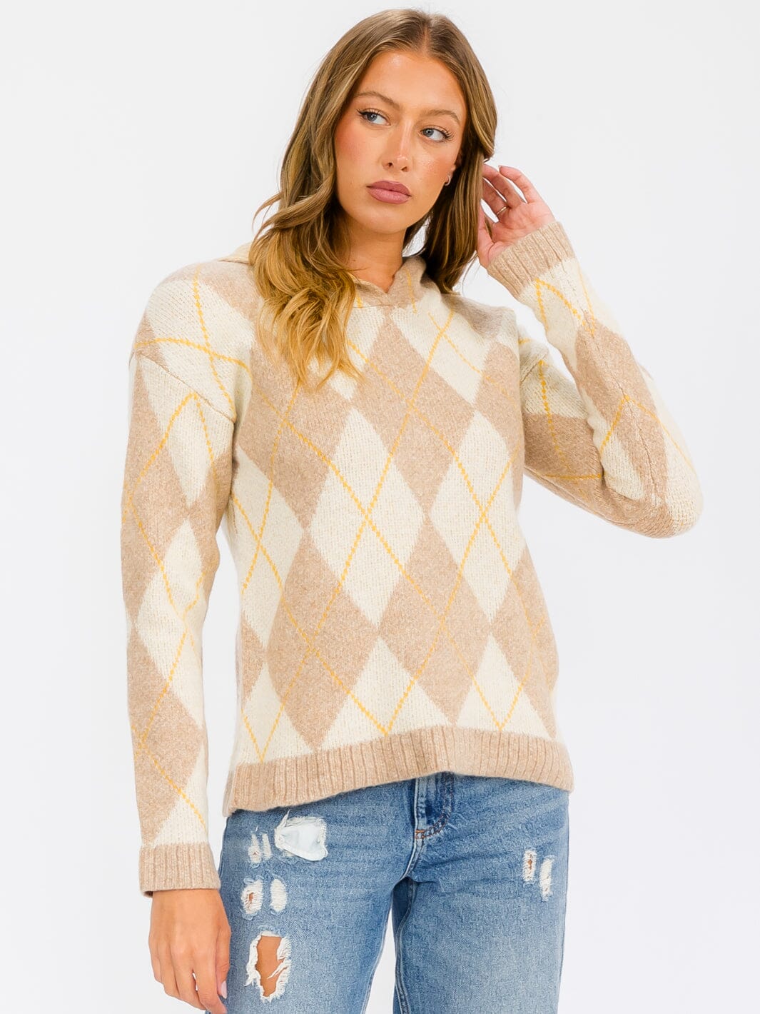 WOMEN'S LONG SLEEVE HOODED MULTI PRINT PULLOVER SWEATER