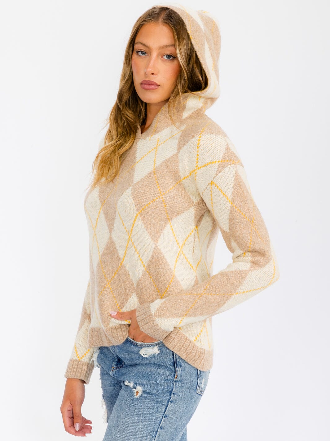 WOMEN'S LONG SLEEVE HOODED MULTI PRINT PULLOVER SWEATER