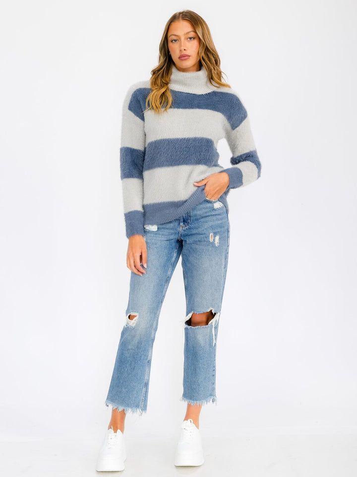 WOMEN'S LONG SLEEVE TURTLE NECK COLORBLOCK PULLOVER SWEATER