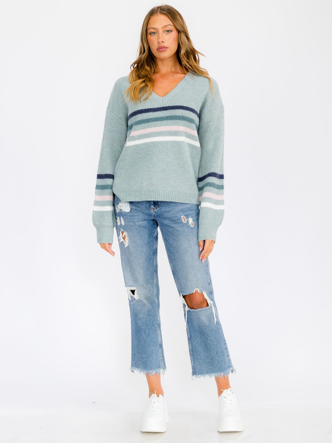 WOMEN'S LONG SLEEVE COLORBLOCK V-NECK PULLOVER SWEATER