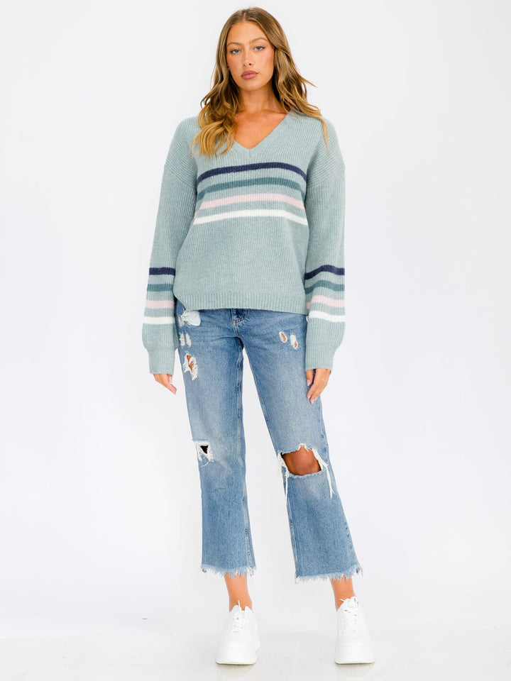 WOMEN'S LONG SLEEVE COLORBLOCK V-NECK PULLOVER SWEATER