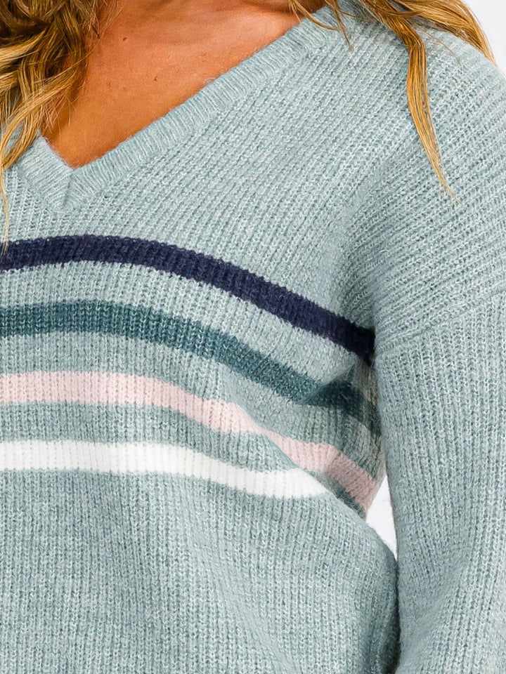 WOMEN'S LONG SLEEVE COLORBLOCK V-NECK PULLOVER SWEATER