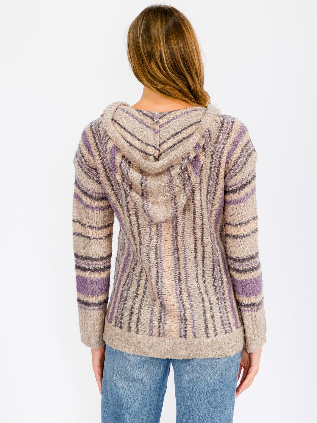 WOMEN'S LONG SLEEVE HOODED MULTI PRINT POCKETS PULLOVER SWEATER