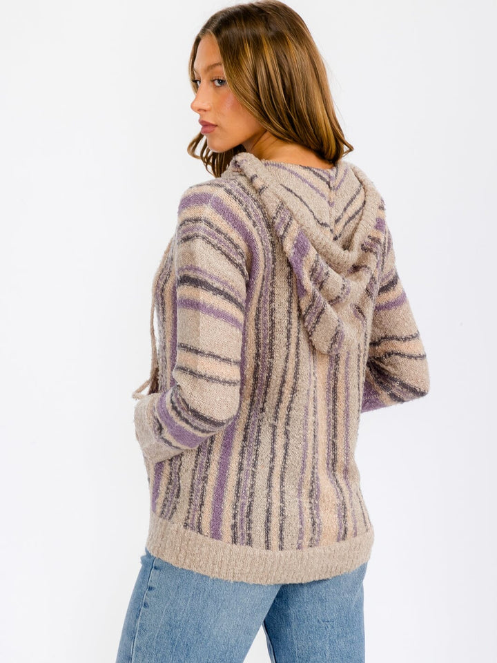 WOMEN'S LONG SLEEVE HOODED MULTI PRINT POCKETS PULLOVER SWEATER