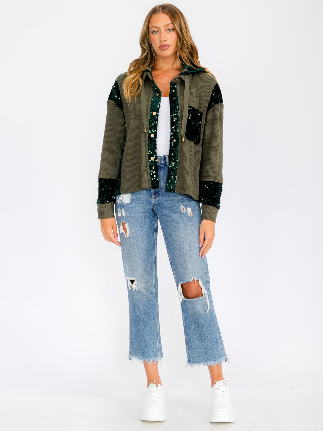 WOMEN'S LONG SLEEVE BUTTON UP POCKETS SEQUINS CONTRAST HOODED SWEATER