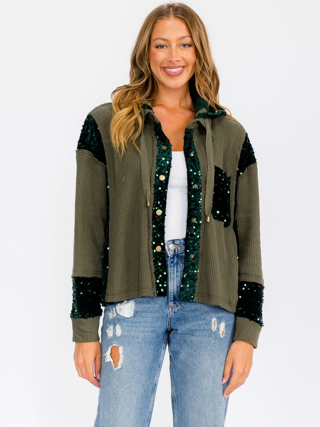 WOMEN'S LONG SLEEVE BUTTON UP POCKETS SEQUINS CONTRAST HOODED SWEATER