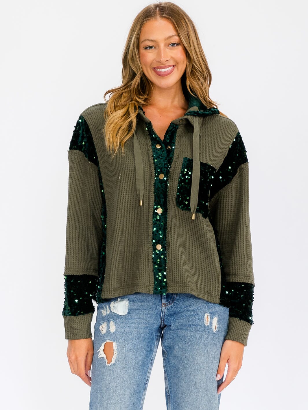 WOMEN'S LONG SLEEVE BUTTON UP POCKETS SEQUINS CONTRAST HOODED SWEATER