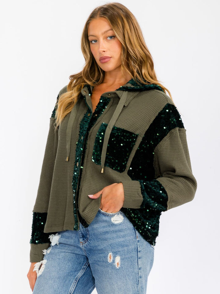 WOMEN'S LONG SLEEVE BUTTON UP POCKETS SEQUINS CONTRAST HOODED SWEATER