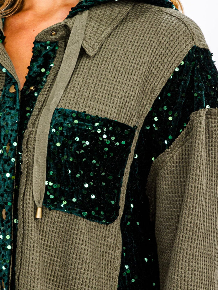 WOMEN'S LONG SLEEVE BUTTON UP POCKETS SEQUINS CONTRAST HOODED SWEATER