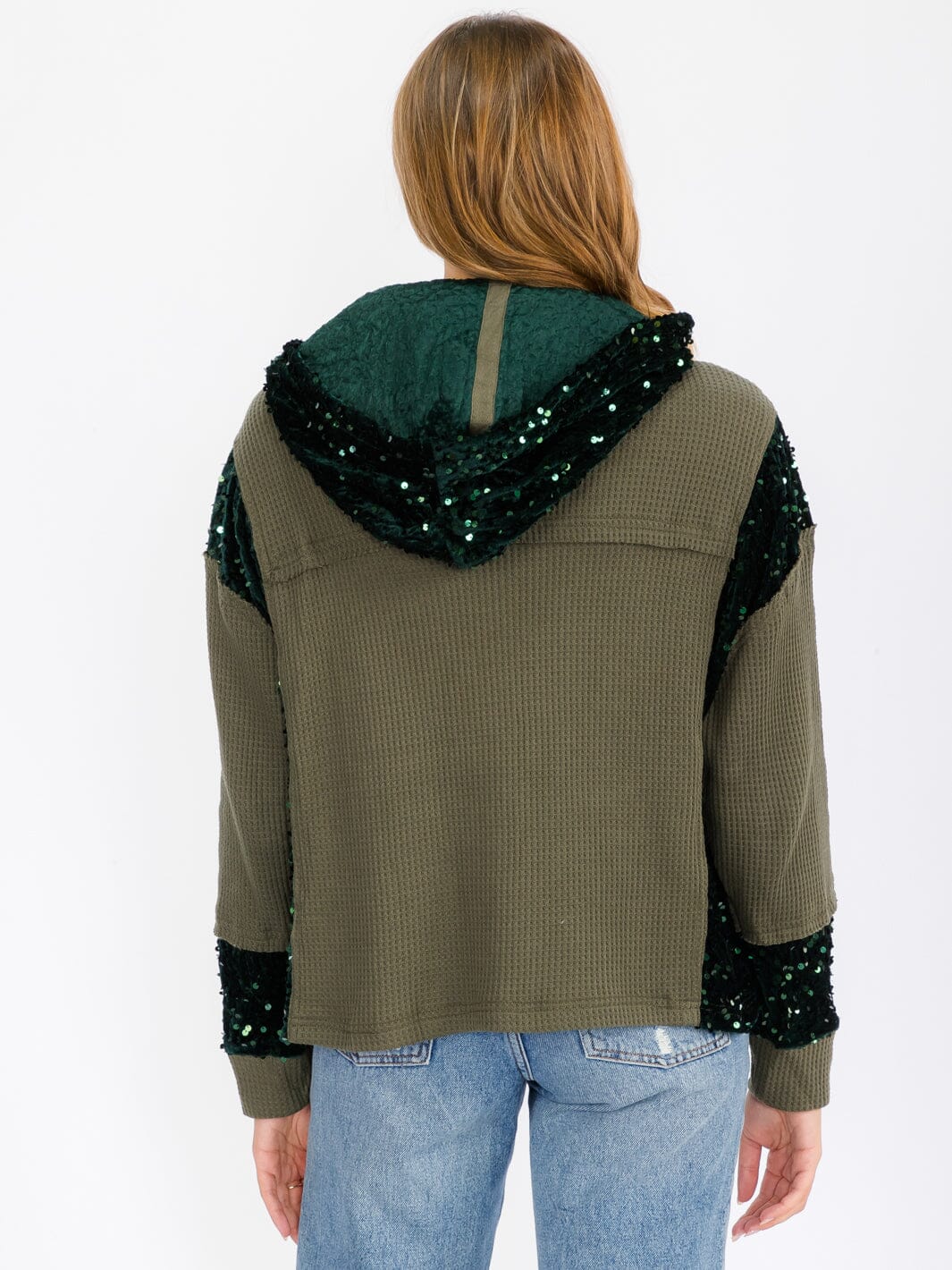 WOMEN'S LONG SLEEVE BUTTON UP POCKETS SEQUINS CONTRAST HOODED SWEATER