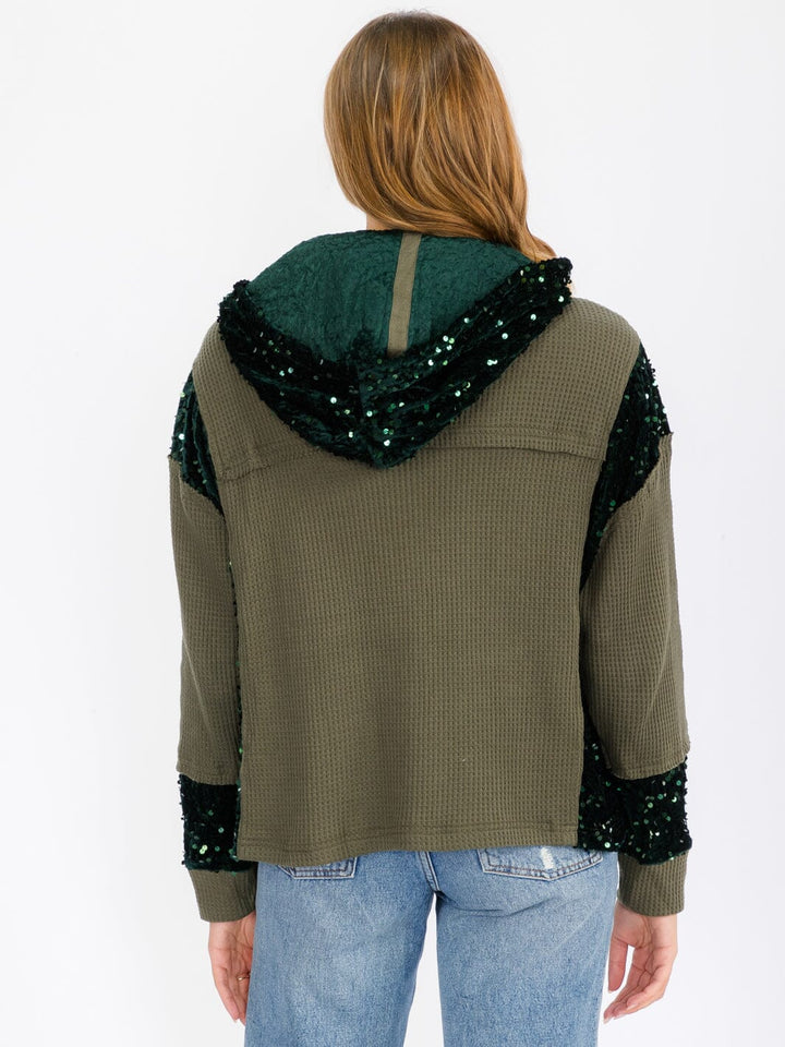 WOMEN'S LONG SLEEVE BUTTON UP POCKETS SEQUINS CONTRAST HOODED SWEATER