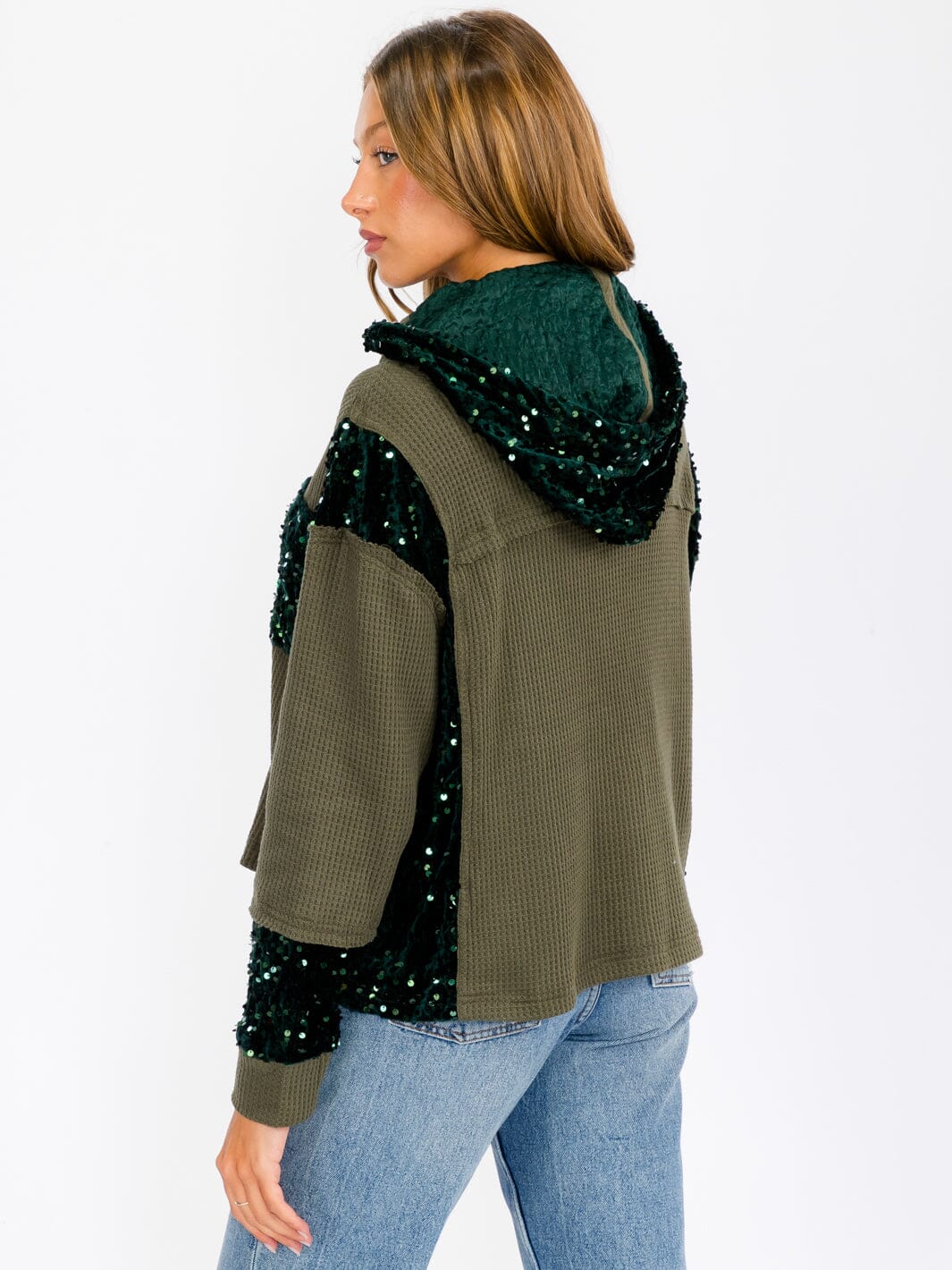 WOMEN'S LONG SLEEVE BUTTON UP POCKETS SEQUINS CONTRAST HOODED SWEATER