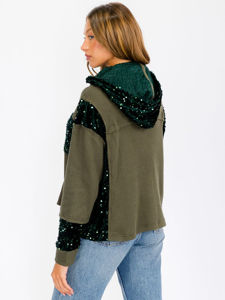 WOMEN'S LONG SLEEVE BUTTON UP POCKETS SEQUINS CONTRAST HOODED SWEATER