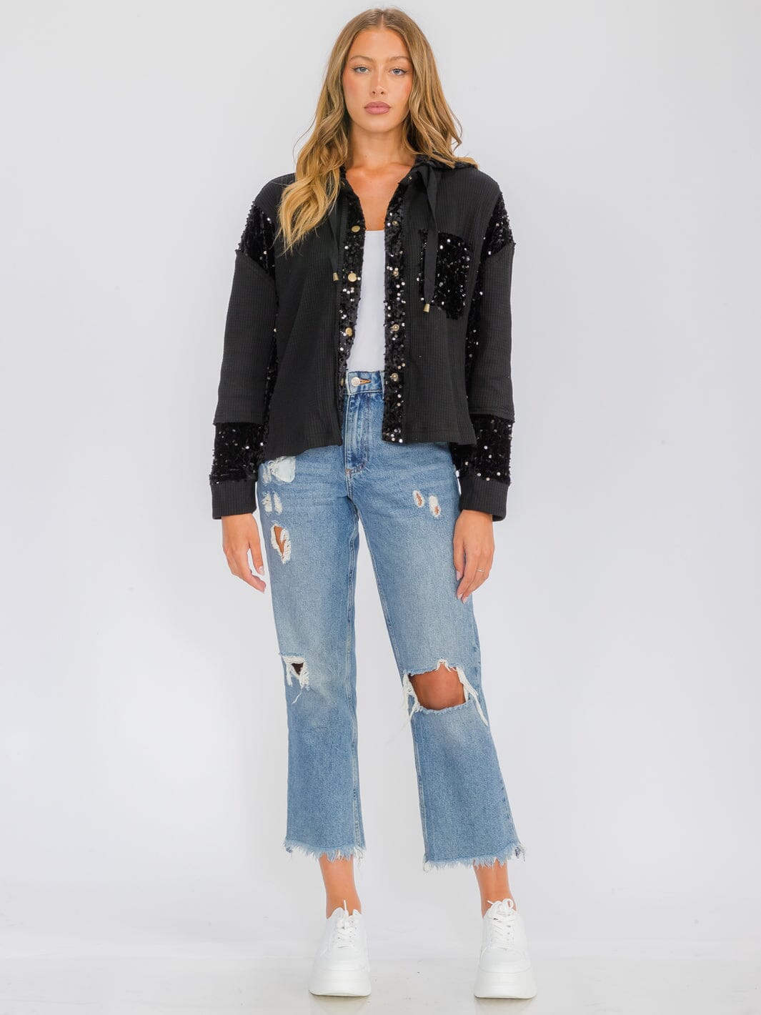 WOMEN'S LONG SLEEVE BUTTON UP POCKETS SEQUINS CONTRAST HOODED SWEATER