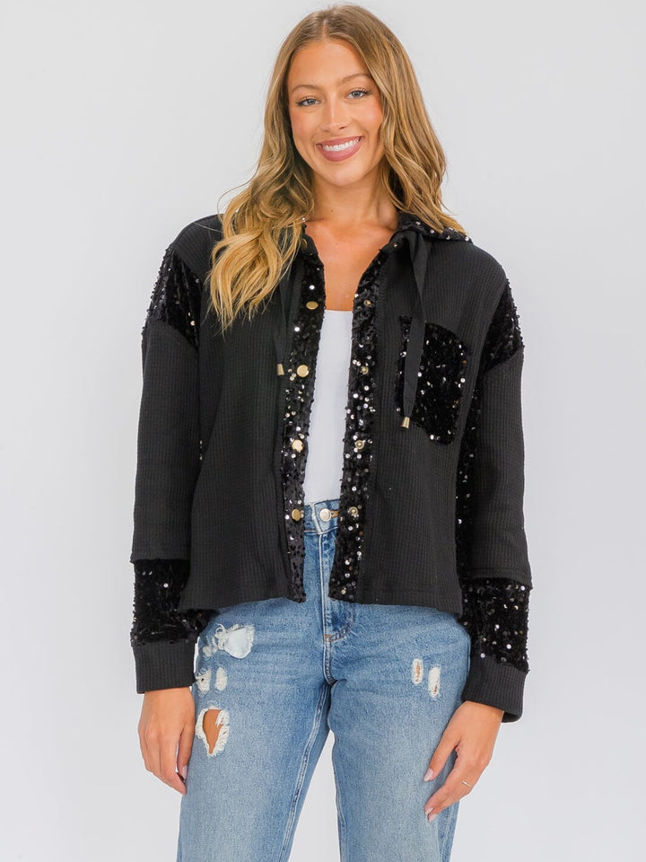 WOMEN'S LONG SLEEVE BUTTON UP POCKETS SEQUINS CONTRAST HOODED SWEATER